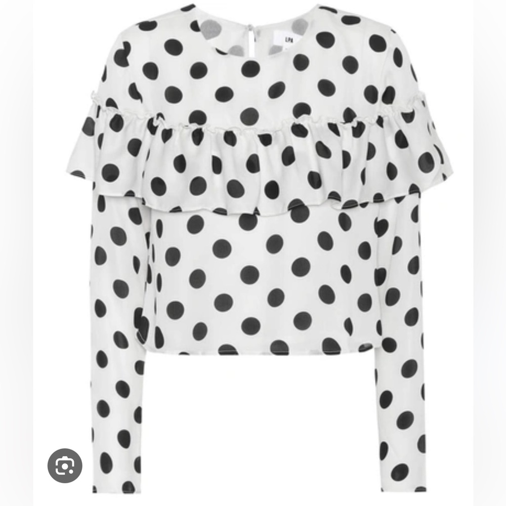 LPA Polka Dotted Silk Long Sleeve Blouse in White